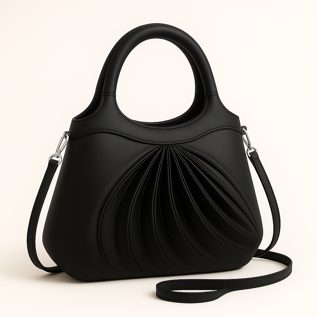 3/4 front view of Amaren, an elegant black leather handbag, handcrafted in France, with strap