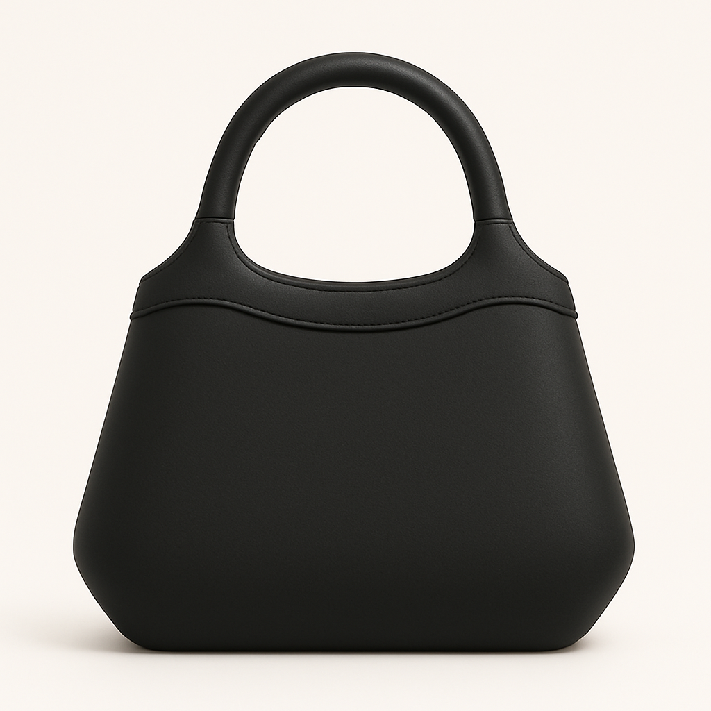 Back view of Amaren, an elegant black leather handbag, handcrafted in France