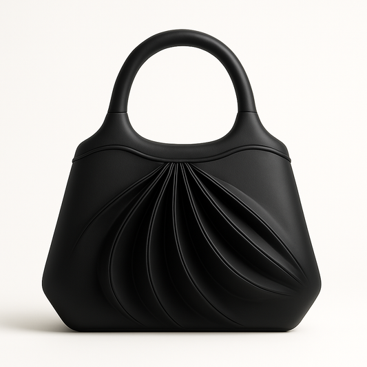 Front view of Amaren, an elegant black leather handbag, handcrafted in France