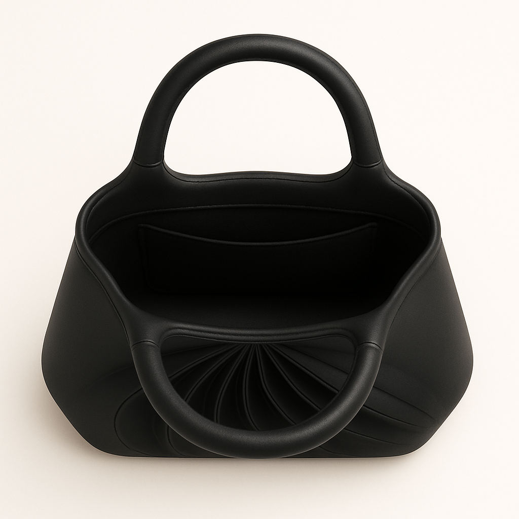 Open view of Amaren, an elegant black leather handbag, handcrafted in France