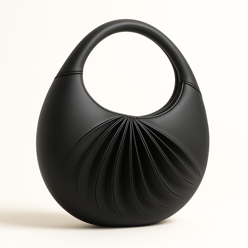 3/4 front view of Sirah, an elegant black leather moon bag, handcrafted in France