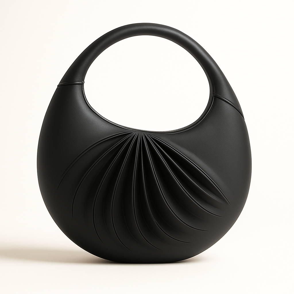 Front view of Sirah, an elegant black leather moon bag, handcrafted in France