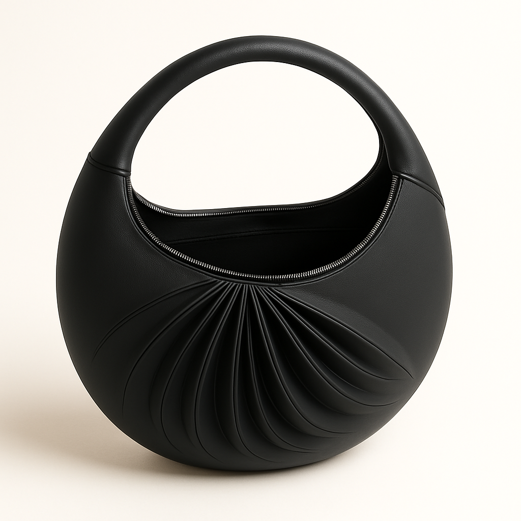 Open view of Sirah, an elegant black leather moon bag, handcrafted in France