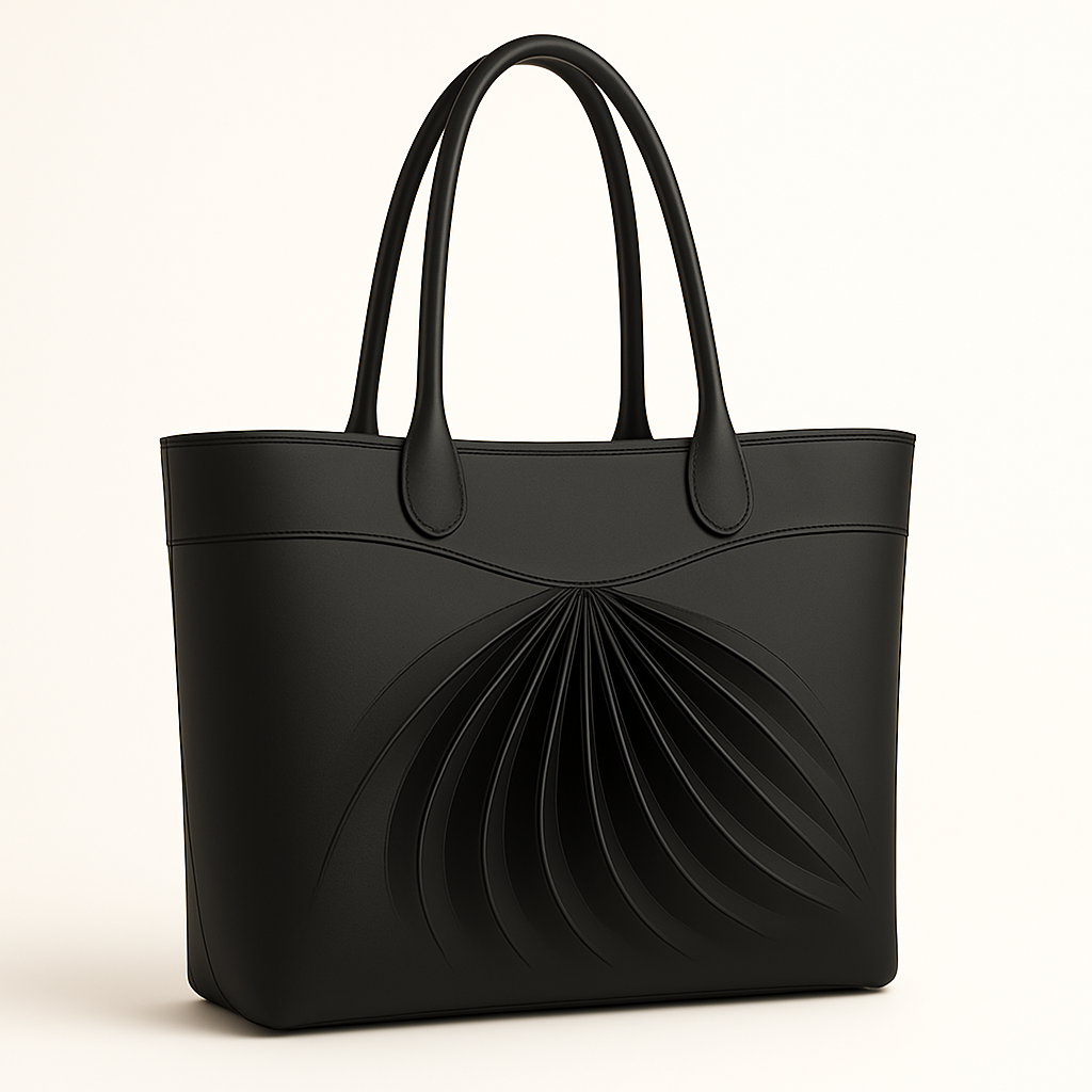 3/4 Front view of Zarae, an elegant black leather cabas, handcrafted in France