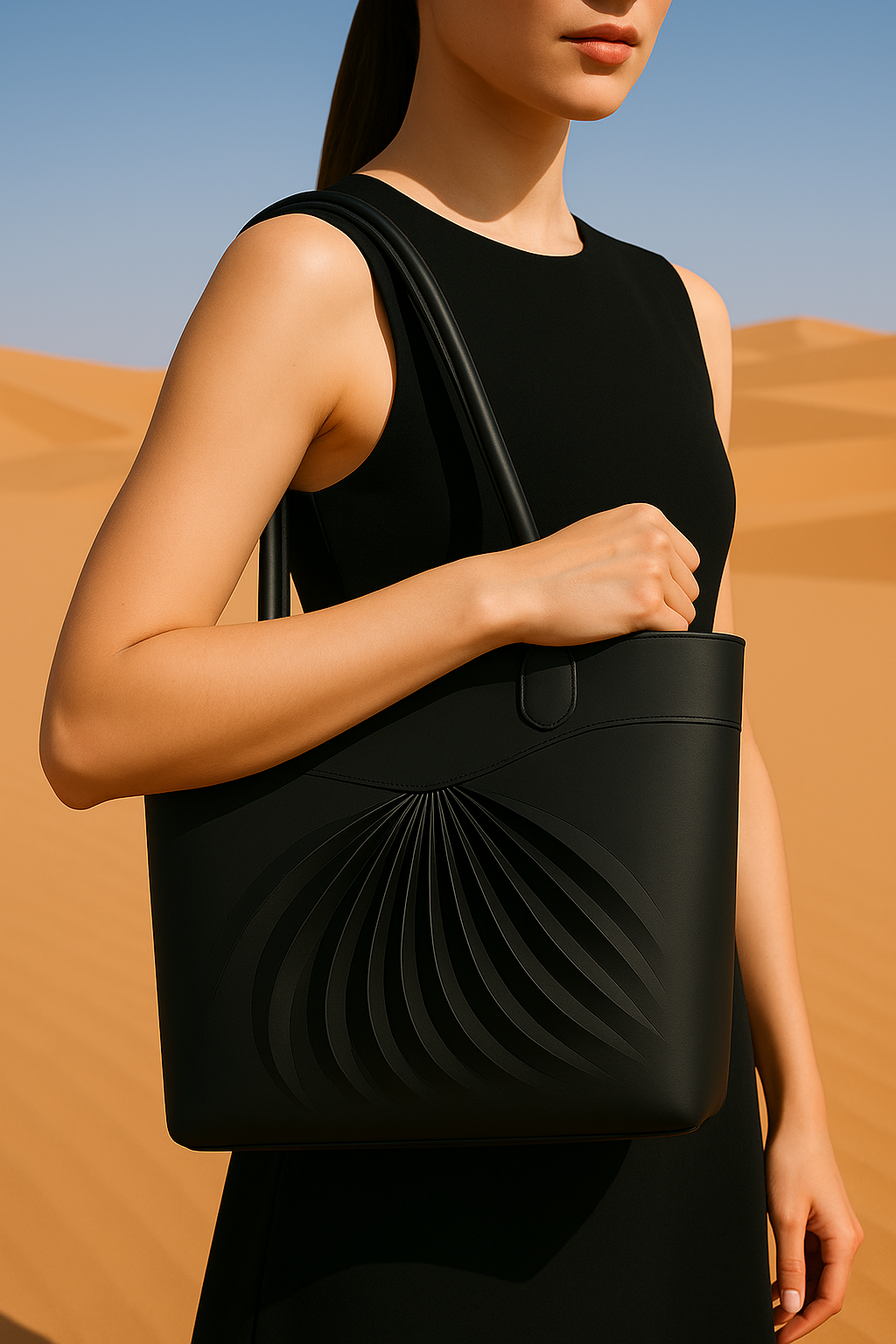 Zarae, an elegant black leather cabas, handcrafted in France, on a mannequin in the dune
