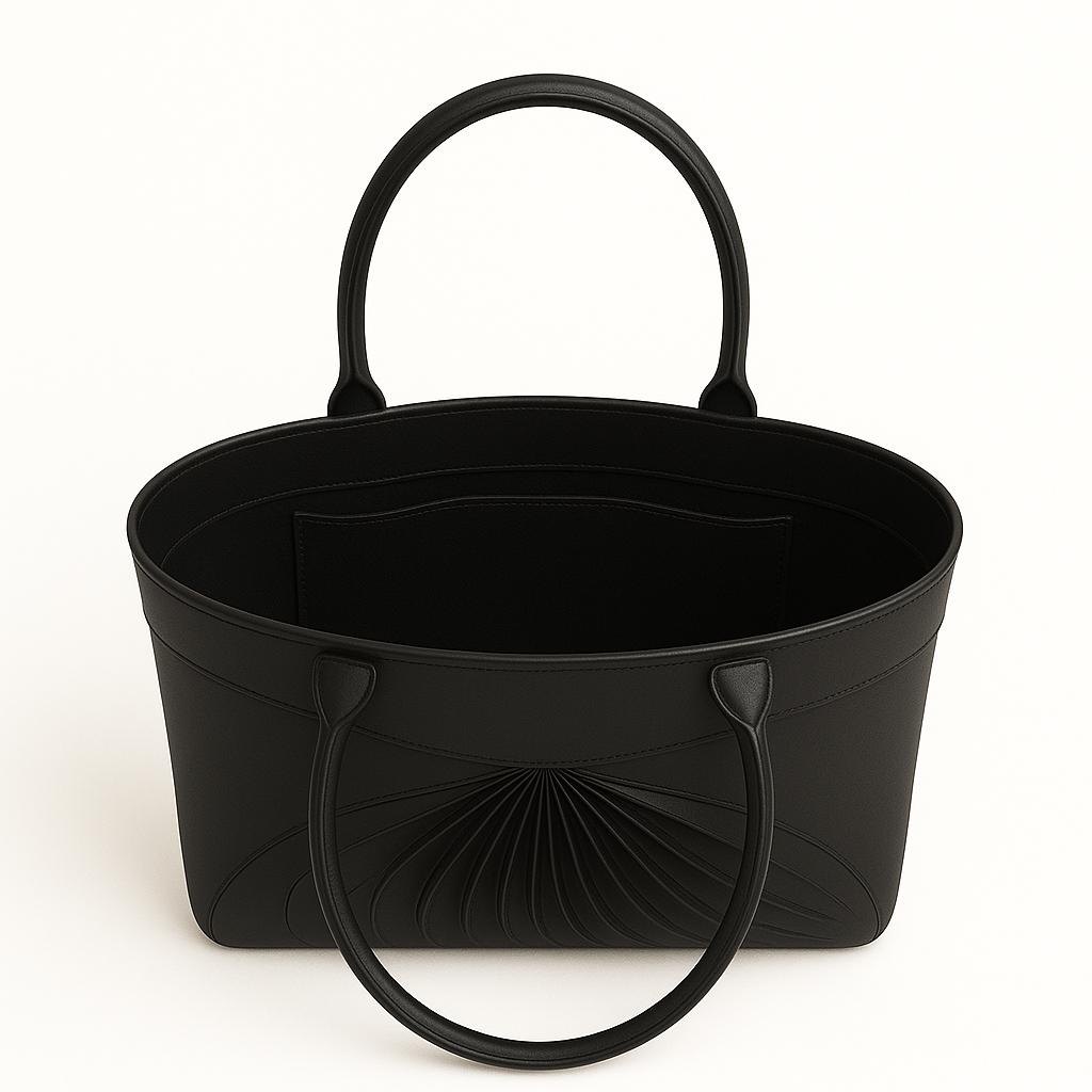 Open view of Zarae, an elegant black leather cabas, handcrafted in France