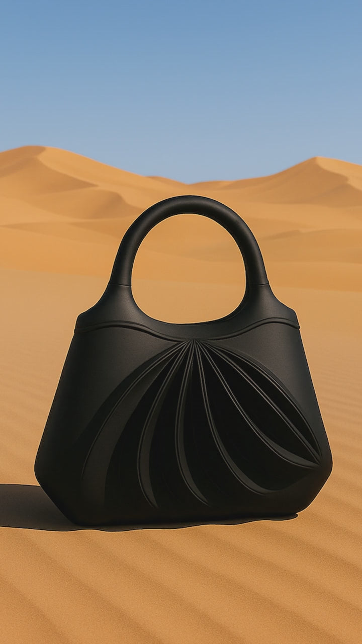 Video of Amaren, an elegant black leather handbag, handcrafted in France, in a sandstorm