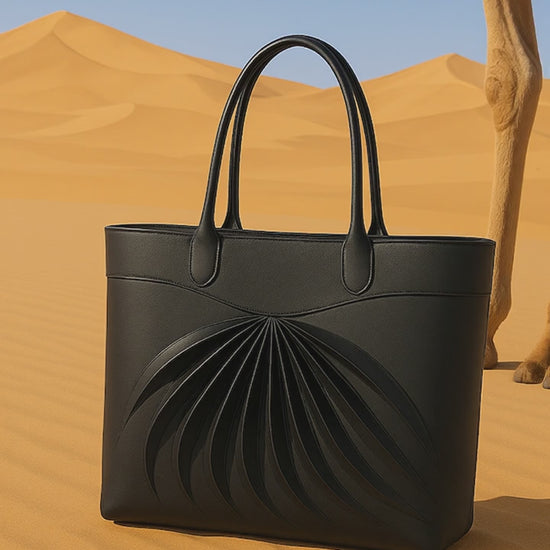Video of Zarae, an elegant black leather cabas, handcrafted in France, with a camel in the dune