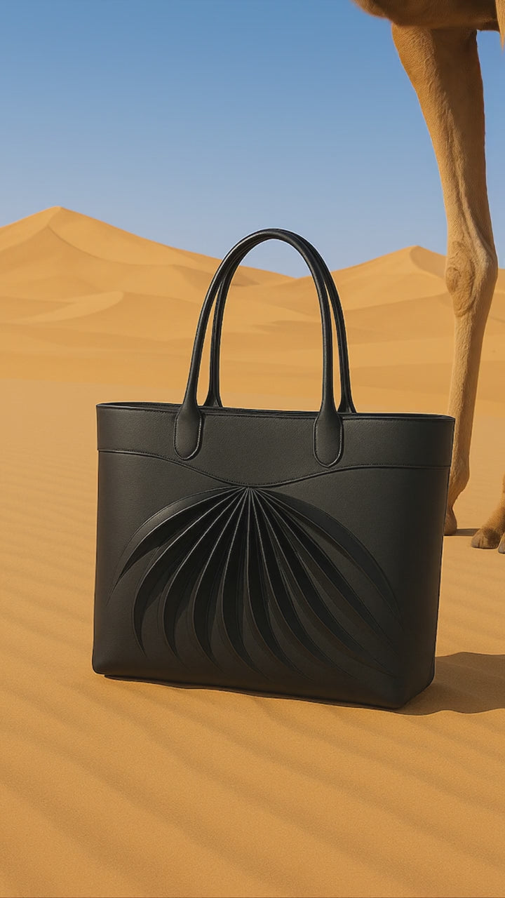Video of Zarae, an elegant black leather cabas, handcrafted in France, with a camel in the dune